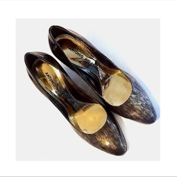ANTONIO MELANI Size 4.5 M Black Gold Leather Heels - Picture 8 of 11